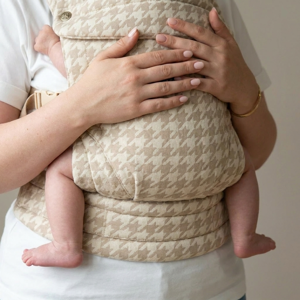 Baby in the Bonding Carrier with knees in clear M-position above hips